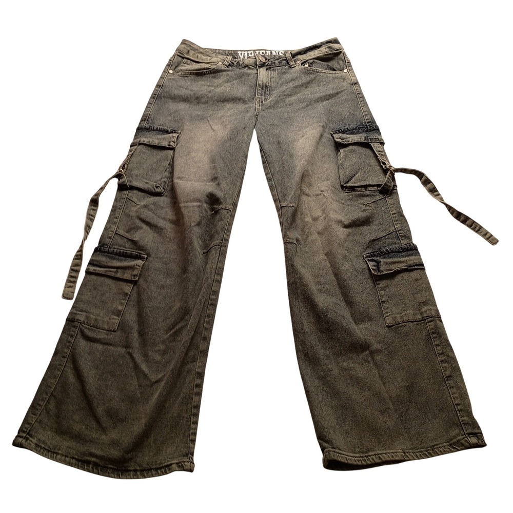 VIP Jeans Women's 11/12 Cargo Pants Medium Wash Wide Leg Denim Utility Classic